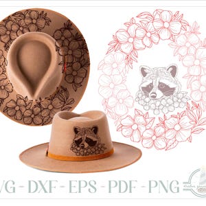 Waschbär und Blumen Hut Brennendes Design - Für Pyrographie - SVG-Dateien für Cricut Silhouette - Dxf Eps Pdf Png und Word-Dateitypen sind enthalten
