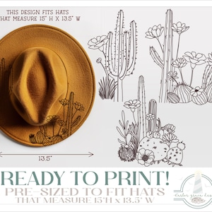READY TO PRINT - Fits 15&quot;x13.5&quot; hats - Cactus Hat Burning Design - For Pyrography - Printable Pdf & Word Doc
