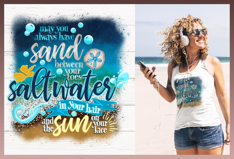 May include: A blue and yellow graphic design with the text "May you always have sand between your toes, saltwater in your hair and the sun on your face".
