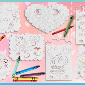 K&ouml;nnte beinhalten: Ein Set aus acht druckbaren Valentinstagskarten mit verschiedenen Designs, darunter Blumen, Herzen, eine Katze, eine Biene und ein Marienk&auml;fer. Die Karten sind schwarzwei&szlig; und zum Ausmalen bereit.