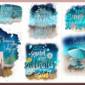May include: A set of 10 digital watercolor designs featuring beach-themed quotes and illustrations. The designs include a blue heron, starfish, seashells, and beach umbrellas. The quotes include "Flip flops make life better", "What happens at the beach stays at the beach", "Wish upon a starfish", "The beach is calling I must go", "May you always have sand between your toes saltwater in your hair and the sun on your face", and "Sometimes a day at the beach is all the therapy you need".