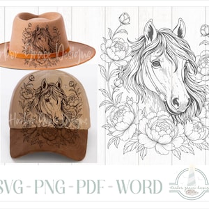 May include: A tan fedora and a tan baseball cap, both featuring a black line art illustration of a horse head surrounded by peony flowers. A separate large black and white line art graphic of the same horse and flower design is displayed.