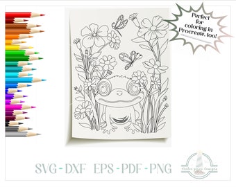 Frog and Wildflowers Printable Coloring Page, Coloring Book for Kids, 300dpi PNG, PNG Printable, Coloring Page Printable, Coloring Book