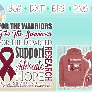 May include: A digital graphic design featuring a burgundy awareness ribbon and text that reads I WEAR BURGUNDY FOR THE WARRIORS For The Survivors FOR THE DEPARTED SUPPORT ADVOCATE HOPE Promote Sickle Cell Anemia Awareness, shown on a hoodie and t-shirt.