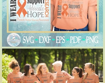 Könnte beinhalten: Ein pfirsichfarbenes T-Shirt mit einer orangefarbenen Schleife und dem Text: I WEAR ORANGE FOR THE WARRIORS, FOR THE SURVIVORS, FOR THE DEPARTED, SUPPORT, ADVOCATE, HOPE, RESEARCH, und Promote Multiple Sclerosis Awareness.