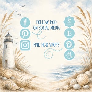 The image is a beach scene with a lighthouse, seashells, and a bird in flight. The text overlay provides information about following HGD on social media and finding HGD shops.