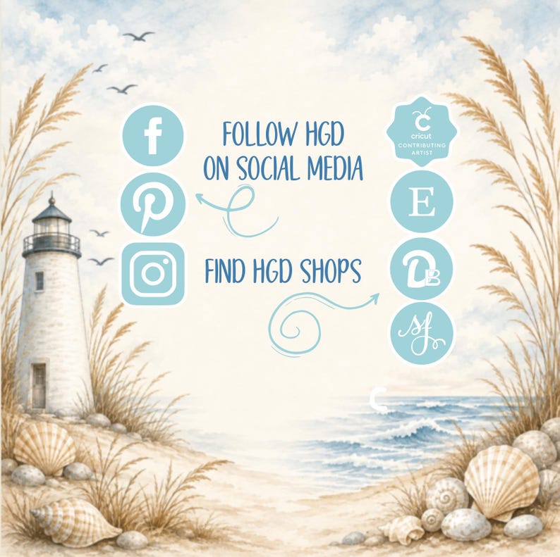 The image is a beach scene with a lighthouse, seashells, and a bird in flight. The text overlay provides information about following HGD on social media and finding HGD shops.