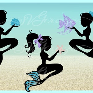 May include: Three black silhouette mermaids with different accessories. The mermaid on the left is holding a blue flower, the mermaid in the middle is holding a pink starfish, and the mermaid on the right is holding a purple fish.