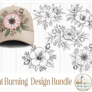 Könnte beinhalten: Eine beige Baseballkappe mit einer rosa-grünen Blumenillustration, begleitet von fünf schwarz-weißen Blumenarrangements als Strichzeichnung. Der Text Hat Burning Design Bundle und ein kreisförmiges Harbor Grace Designs Logo sind sichtbar.