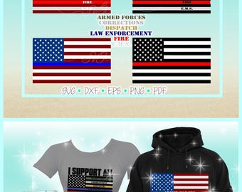 Peut inclure: Un ensemble de designs graphiques numériques présentant des variantes du drapeau américain avec des bandes colorées représentant les forces armées, les services correctionnels, la répartition, la police, les pompiers et les services médicaux d'urgence.
