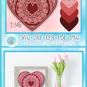 May include: A digital design file set featuring a layered heart motif with intricate leaf patterns. The set includes five numbered heart layers in shades of red and pink, available in SVG, DXF, EPS, PDF, and PNG formats for cutting machines.