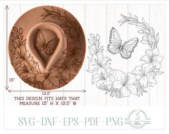 BEREIT ZUM DRUCK - Passt 15 "x13,5" Hüte - Lilien und Schmetterling Hut Brennendes Design - Für Pyrographie - Druckbare Pdf & Word Doc