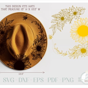 READY TO PRINT - Fits 15&quot;x13.5&quot; hats - Sunflowers Hat Burning Design - For Pyrography - Printable Pdf & Word Doc