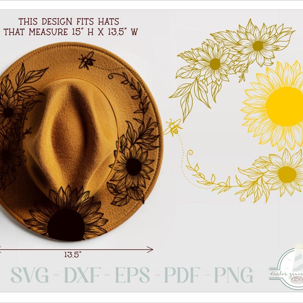 READY TO PRINT - Fits 15"x13.5" hats - Sunflowers Hat Burning Design - For Pyrography - Printable Pdf & Word Doc