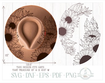 May include: A tan fedora hat featuring a dark brown sunflower and leaf line art design. The image includes a separate graphic of the same floral pattern, with text stating this design fits hats that measure 15 inches high by 13.5 inches wide.