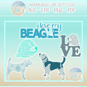 May include: Digital cut files featuring beagle dog silhouettes and text. Includes the phrases i love my beagle and love with intricate mandala patterns, solid color blocks, and outlines in shades of teal, blue, and gray on a light background.
