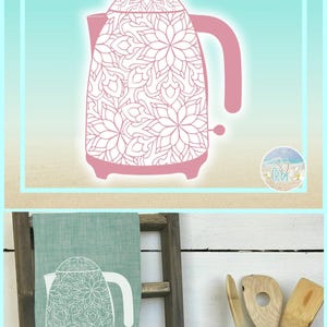 Puede incluir: Un archivo gráfico digital que muestra un hervidor eléctrico rosa con un patrón floral de mandala blanco. El texto COMMERCIAL USE CUT FILES SVG EPS PNG PDF aparece en la parte superior. Una segunda vista muestra el diseño blanco en una toalla verde.