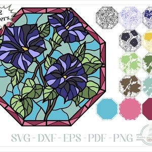 May include: A stained glass design featuring morning glory flowers in shades of purple and blue, with green leaves and stems. The design is in an octagonal frame with a pink border. Includes 12 layers and various file formats.