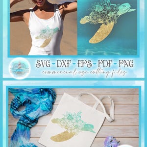 May include: A white tank top and a white tote bag each featuring a graphic design of a sea turtle with a floral shell. The turtle design transitions from a teal floral pattern on the head and upper shell to a gold glitter texture on the lower body.