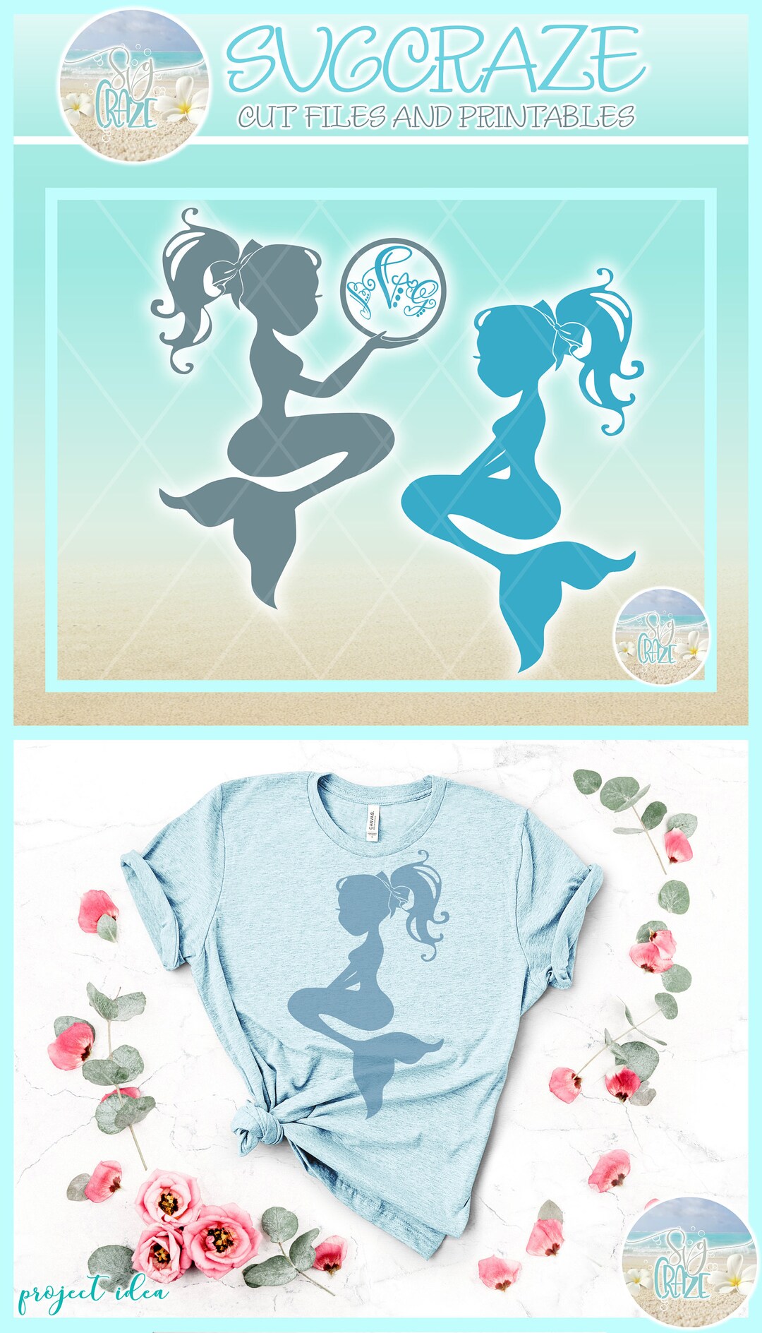 Mermaid Silhouette Monogram SVG Files for Cricut Silhouette Dxf Eps Pdf