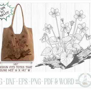 May include: A tan tote bag with a floral design, measuring 14.5 inches high and 14.1 inches wide. The design features a detailed illustration of flowers and leaves. The text "READY TO PRINT!!!" is visible. The design fits totes that measure 14.5" H x 14.1" W.