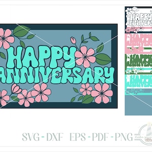 ハッピーアニバーサリーカード、レイヤードカードフロント、Cricut および Silhouette 用 SVG ファイル、カットアウトカード svg、ペーパーカット SVG、カードフロント SVG