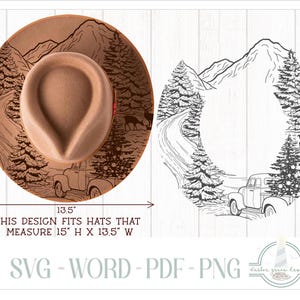 May include: A tan fedora hat with a detailed landscape design featuring a road, trees, mountains, and a vintage truck. The hat measures 15 inches high and 13.5 inches wide. The design is also available in SVG, Word, PDF, and PNG formats.