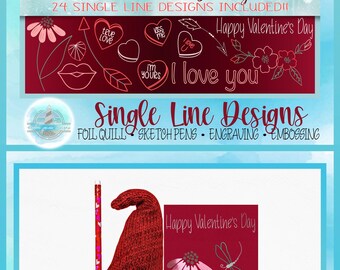 Foil Quill Single Line Valentines Day Element Bundle SVG Dxf Eps Png Design - Sketch Write Draw Engrave Emboss for Cricut Silhouette