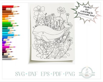 Whale and Wildflowers Printable Coloring Page, Coloring Book for Kids, 300dpi PNG, PNG Printable, Coloring Page Printable, Coloring Book