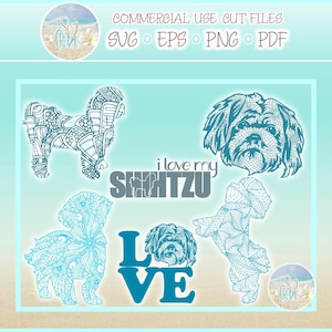 May include: A digital collection of Shih Tzu dog designs featuring intricate patterns, including silhouettes and a portrait. The text reads "i love my SHIH TZU" and "LOVE" with a dog face replacing the letter O. Includes SVG, EPS, PNG, and PDF formats.