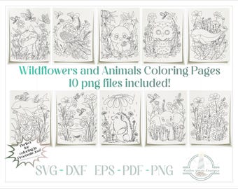 Wildflowers and Animals Printable Coloring Pages, Coloring Book for Kids, 300dpi PNG, PNG Printables, Procreate Coloring PNG