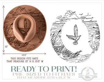 READY TO PRINT - Fits 15"x13.5" hats - Seagulls on the Beach Hat Burning Design - For Pyrography - Printable Pdf & Word Doc