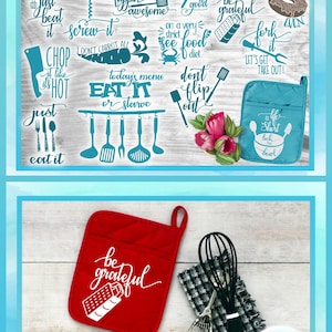 May include: A digital collection of kitchen-themed SVG cutting files featuring various cooking-related phrases and icons, alongside a red quilted pot holder with white text and a graphic of a grater, a black whisk, and two chocolate chip cookies.
