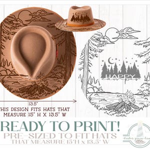Puede incluir: Un sombrero de fieltro color canela con un grabado láser marrón oscuro de un bosque con fogata, luna y árboles. El diseño incluye el texto "HAPPY CAMPER" y mide 38,1 cm de alto por 34,3 cm de ancho. Sombrero de ala ancha y copa.