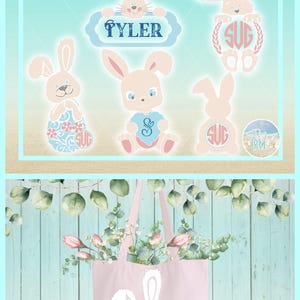 May include: A digital collection of five light pink bunny illustrations featuring various designs, including a name tag reading TYLER, a monogrammed oval, and a bunny holding a blue heart. Below, a light pink tote bag displays a white bunny graphic.