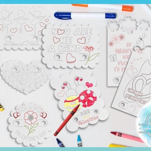 K&ouml;nnte beinhalten: Ein Set mit sechs druckbaren Valentinstagskarten mit verschiedenen Designs, darunter ein Marienk&auml;fer, eine Blume, ein Herz und eine Katze. Die Karten sind schwarzwei&szlig; und k&ouml;nnen ausgemalt werden. Der Text auf den Karten lautet "You are one of a kind", "Bee my Valentine", "Happy Valentine's Day" und "If Valentines were flowers I'd pick you".