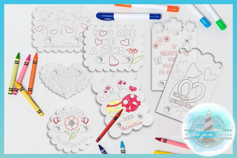 K&ouml;nnte beinhalten: Ein Set mit sechs druckbaren Valentinstagskarten mit verschiedenen Designs, darunter ein Marienk&auml;fer, eine Blume, ein Herz und eine Katze. Die Karten sind schwarzwei&szlig; und k&ouml;nnen ausgemalt werden. Der Text auf den Karten lautet "You are one of a kind", "Bee my Valentine", "Happy Valentine's Day" und "If Valentines were flowers I'd pick you".
