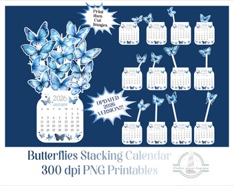 2026 Butterflies Stacking Desktop Calendar PNG Images, Butterfly Calendar for Desk -- FREE STAND!