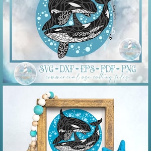 May include: A digital graphic design featuring two black and white orcas with intricate patterns inside a blue circle filled with white bubbles. The text SVG-DXF-EPS-PDF-PNG is displayed below the graphic, which is also shown inside a wooden frame.