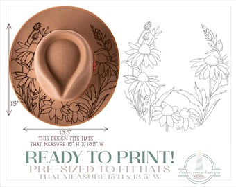 READY TO PRINT - Fits 15"x13.5" hats - Coneflowers Hat Burning Design - For Pyrography - Printable Pdf & Word Doc
