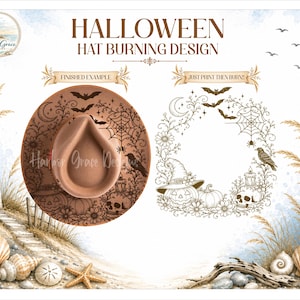 以下が含まれることがあります： HALLOWEEN HAT BURNING DESIGNというタイトルのデジタルデザインシート。コウモリ、クモの巣、ドクロ、カボチャ、カラスのダークブラウンのプリント柄が施されたタンカラーのフェルトハットと、印刷用の対応する線画テンプレートが描かれています。