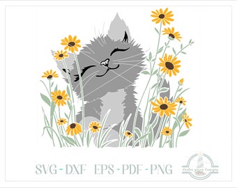 Whimsical Cat With Wildflowers SVG, SVG Files for Cricut Silhouette Paper Crafting - Dxf, Eps, Pdf and PNG also included