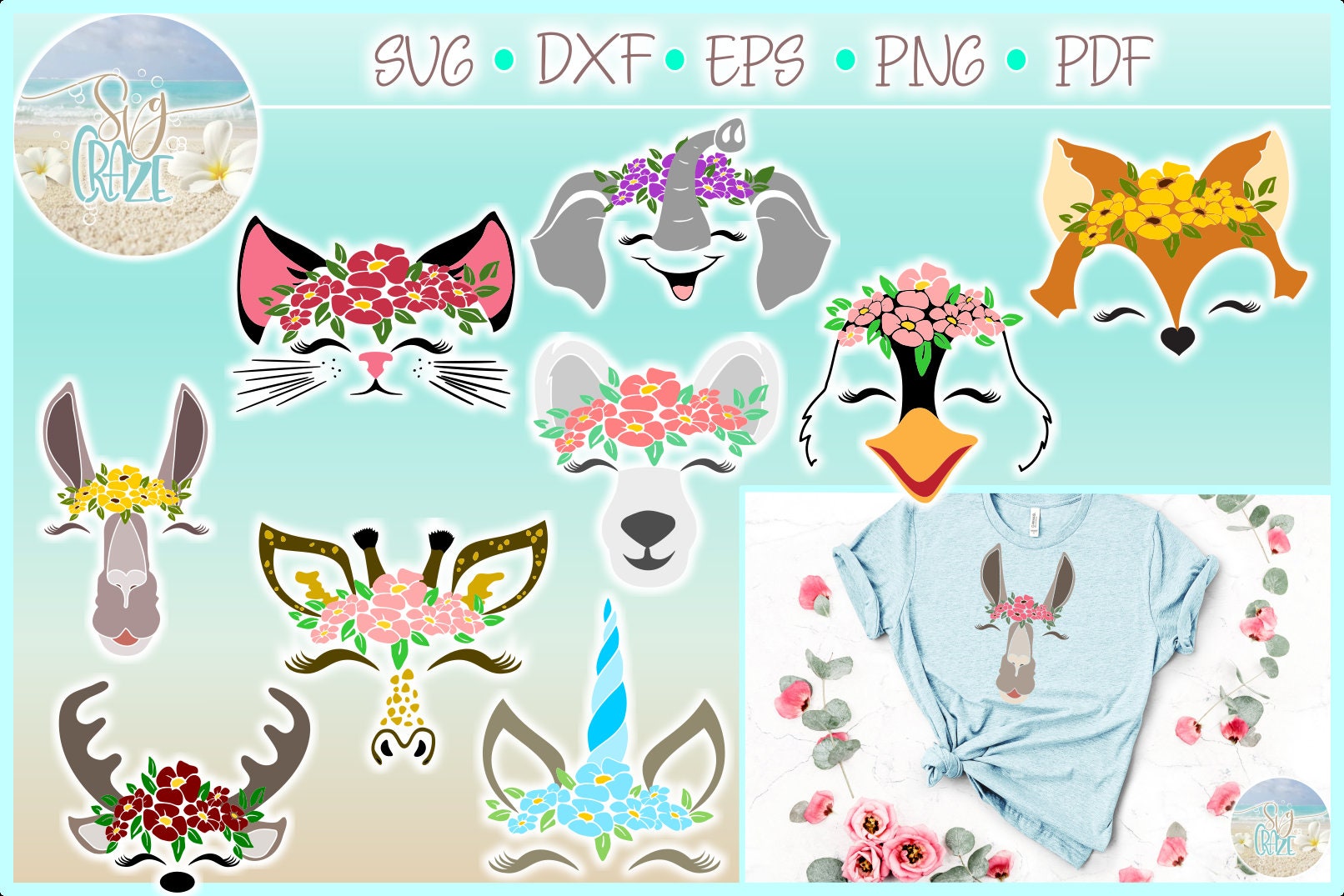 Animal Faces With Flowers Bundle SVG Files for Cricut Silhouette - Dxf ...