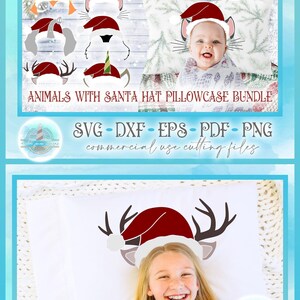 クリスマスSVG、子供用枕カバー、動物、サンタ帽子、Cricutシルエット用SVGファイル、ユニコーン、ゾウ、キツネ、キリン、ラマ、ペンギン、トナカイ