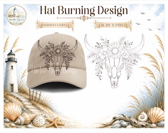 May include: A beige baseball cap featuring a dark brown line art design of a bull skull adorned with flowers and leaves. Next to the cap is a matching black and white line art graphic of the same bull skull design, labeled Ready to Print.