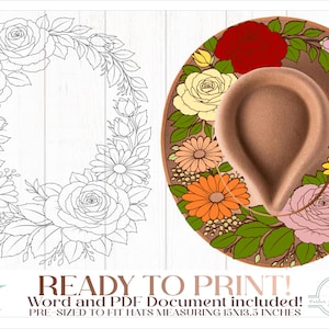Op de afbeelding: Digitale print met een bloemenontwerp en een hoedillustratie. De hoed is versierd met kleurrijke bloemen en groene bladeren. De tekst "READY TO PRINT!" is inbegrepen. De hoed is voorgevormd voor hoeden van 38x34 cm.