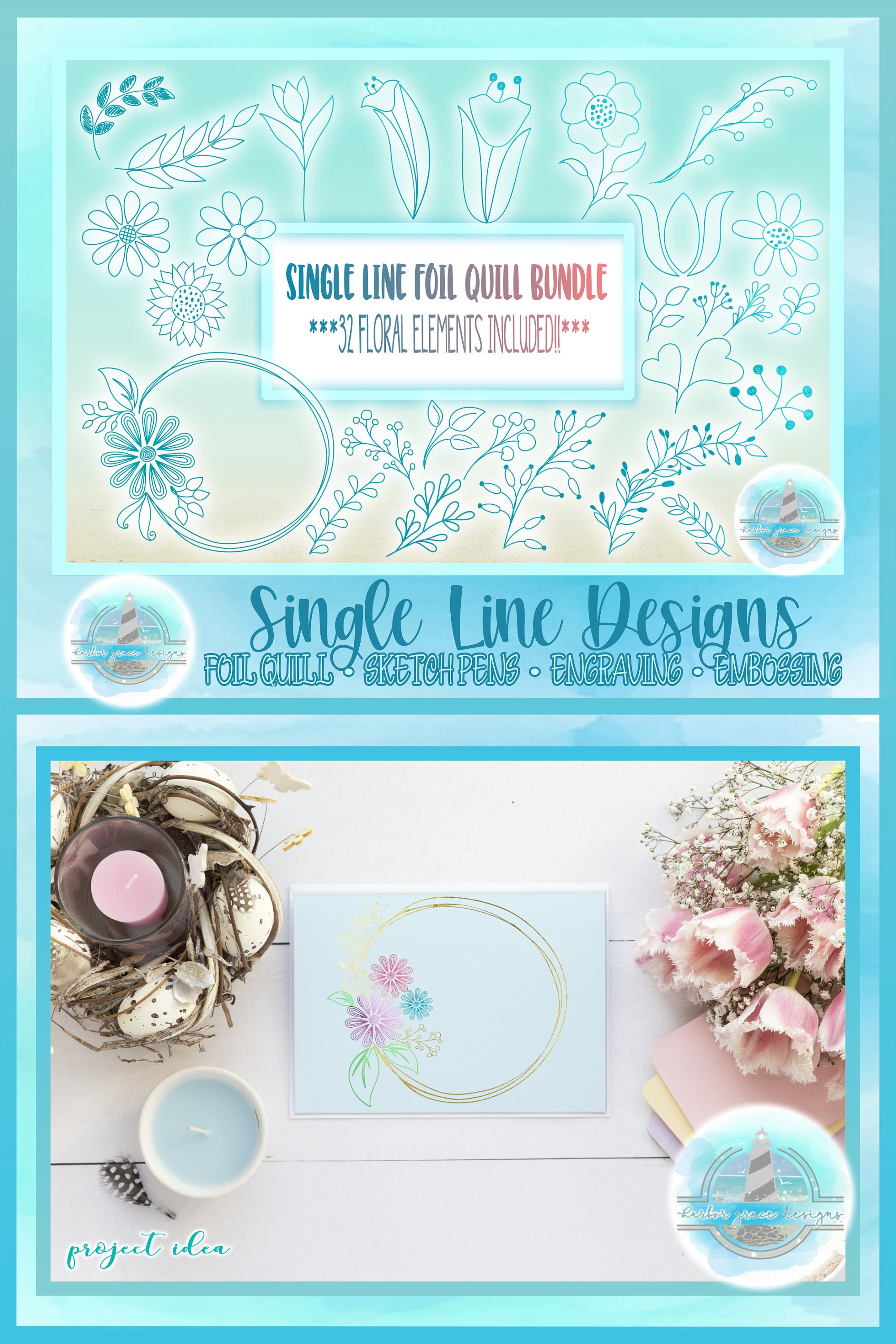 Foil Quill Single Line Floral Element Bundle SVG Dxf Eps Png