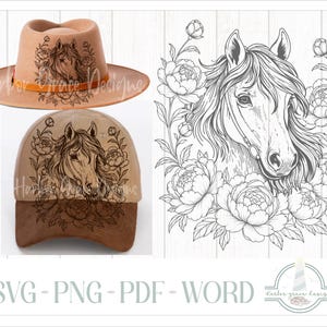 May include: Two hats, a fedora and a baseball cap, are displayed. Both hats are tan and feature a horse head design surrounded by flowers. The fedora has a brown leather band. The baseball cap has a brown bill. The text "Harbor Grace Designs" is visible.