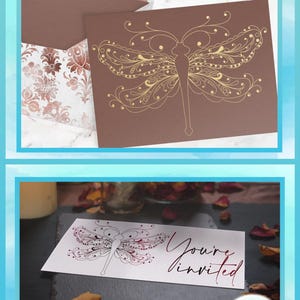 May include: A digital file set featuring a gold-lined dragonfly illustration on a brown card and a white invitation card with a black dragonfly graphic and the text "You're invited". Includes SVG, DXF, PNG, EPS, and PDF formats for commercial use.