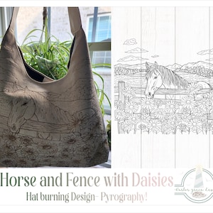 Pferd und Zaun mit Gänseblümchen Pyrographie-Design - SVG-Dateien für Cricut Silhouette - Dxf Eps Pdf Png und Word-Dokument enthalten